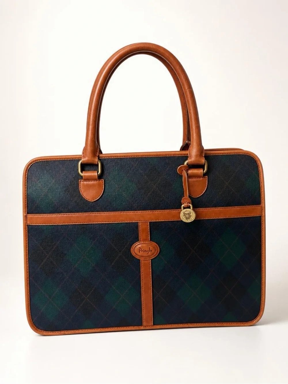 Pringle of Scotland VTG leather & coated canvas laptop bag, zip, brass, GUC